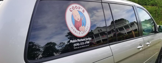 Picture of Coop's Mobile Garage logo on side of truck