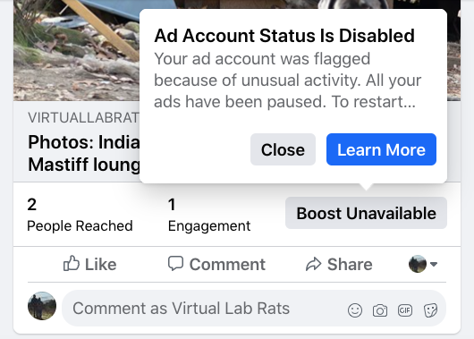 Screen capture of Facebook Ad account status is disabled Boost Unavailable