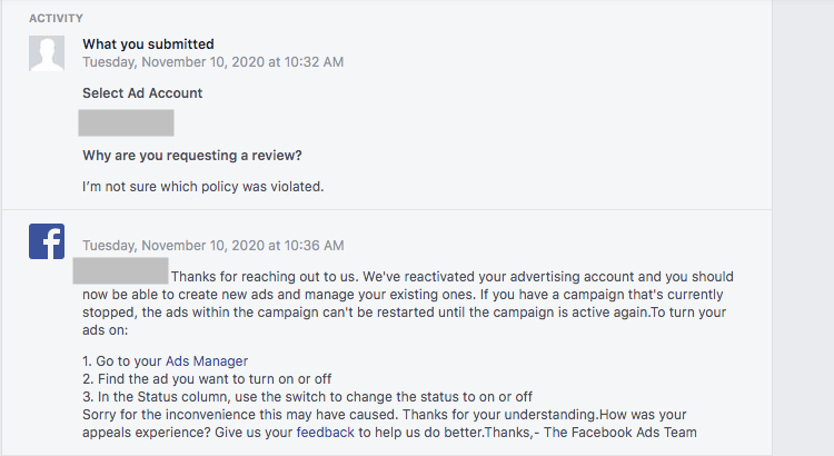 Screenshot of Request facebook review and their reply reactivated I'm not sure what policy was violated.