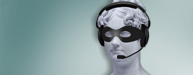 Picture of telemarketer with telephone headset and face mask hiding them